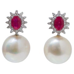 White Pearls, Rubies, Diamonds, 18 Karat White Gold Modern Earrings.