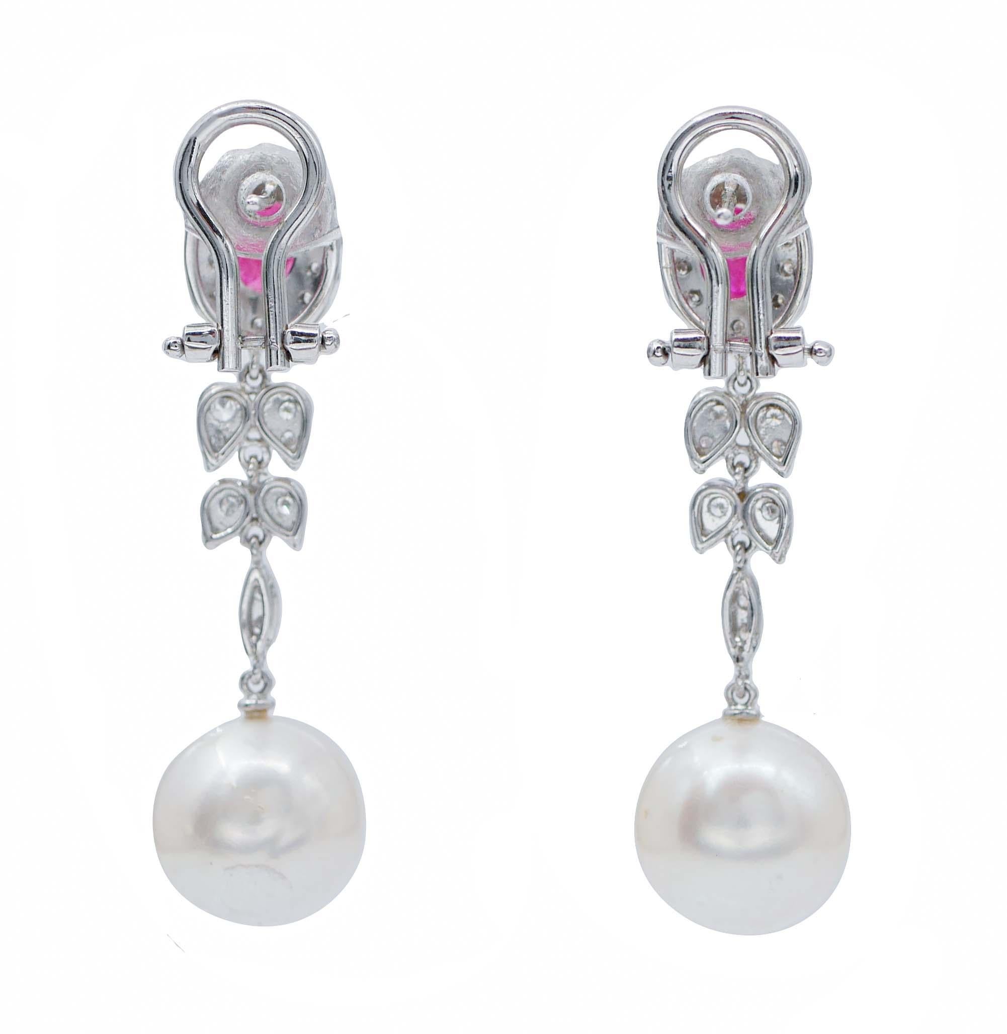 Retro White Pearls, Rubies, Diamonds, Platinum Dangle Earrings For Sale