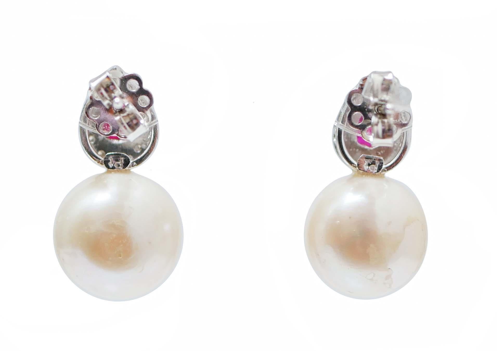 Retro White Pearls, Rubies, Diamonds, Platinum Earrings. For Sale