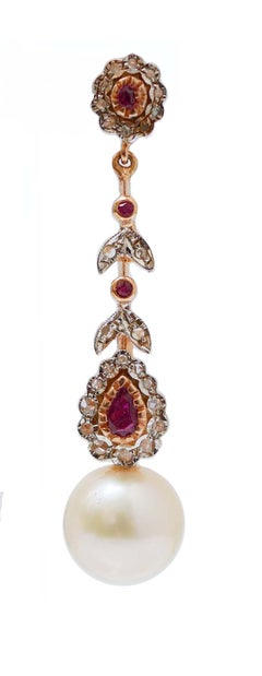 White Pearls, Rubies, Diamonds, Rose Gold and Silver Dangle Earrings.