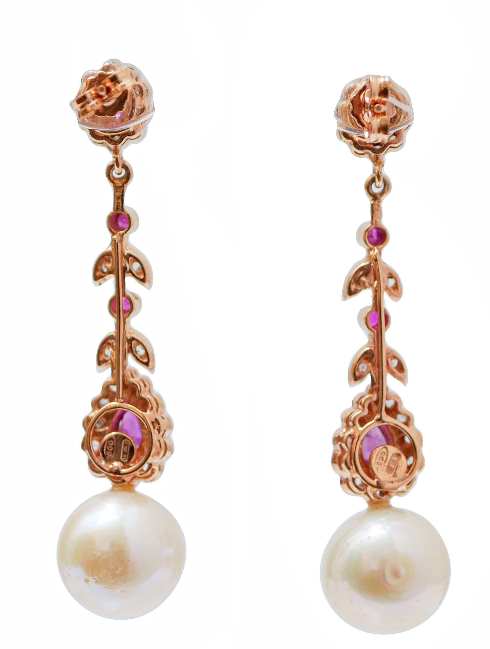 Retro White Pearls, Rubies, Diamonds, Rose Gold and Silver Dangle Earrings. For Sale