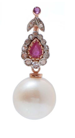 White Pearls, Rubies, Diamonds, Rose Gold and Silver Earrings.