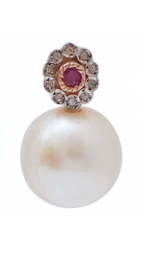 White Pearls, Rubies, Diamonds,  Rose Gold and Silver Earrings.