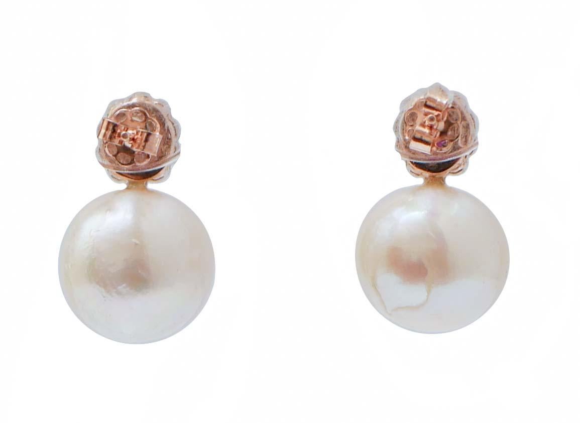 Perlas Blancas, Rubíes, Diamantes,  Pendientes de oro rosa y plata. Retro en venta