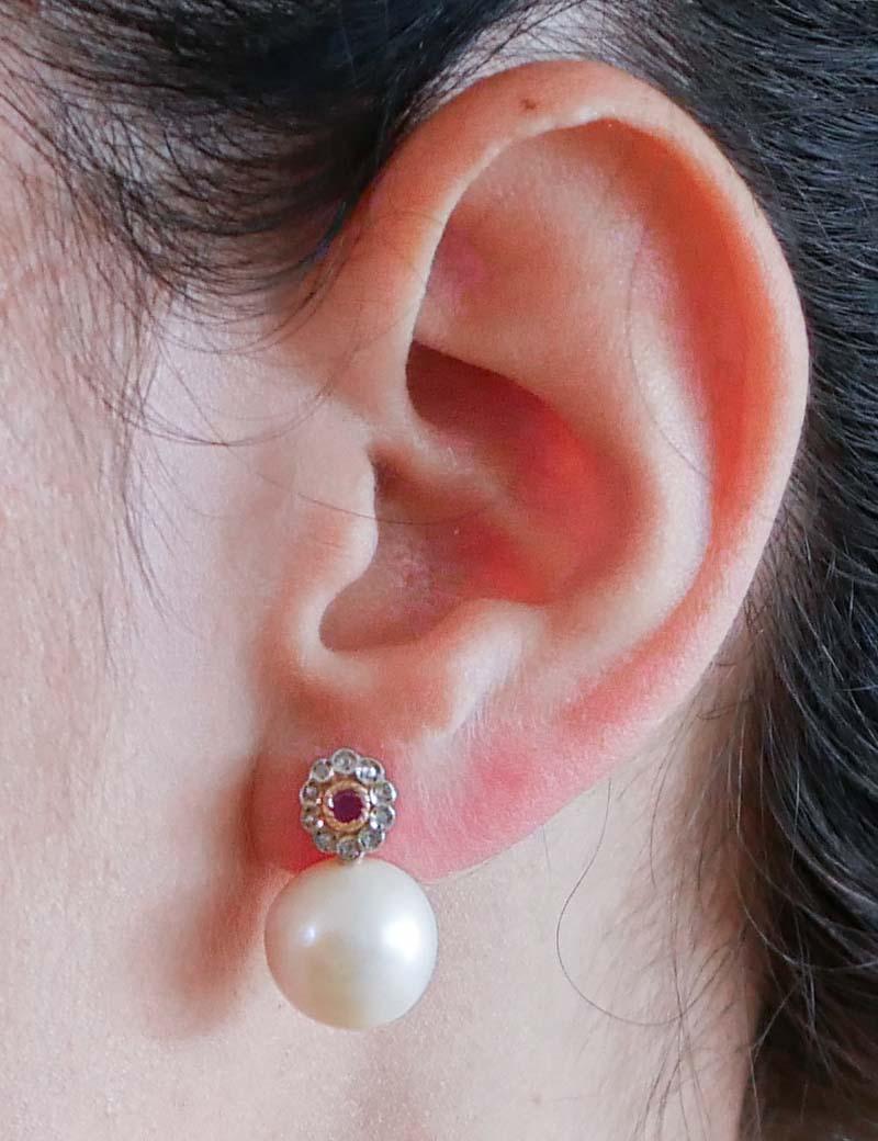Perlas Blancas, Rubíes, Diamantes,  Pendientes de oro rosa y plata. en Bueno estado para la venta en Marcianise, Marcianise (CE)