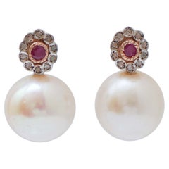 White Pearls, Rubies, Diamonds,  Rose Gold and Silver Earrings.