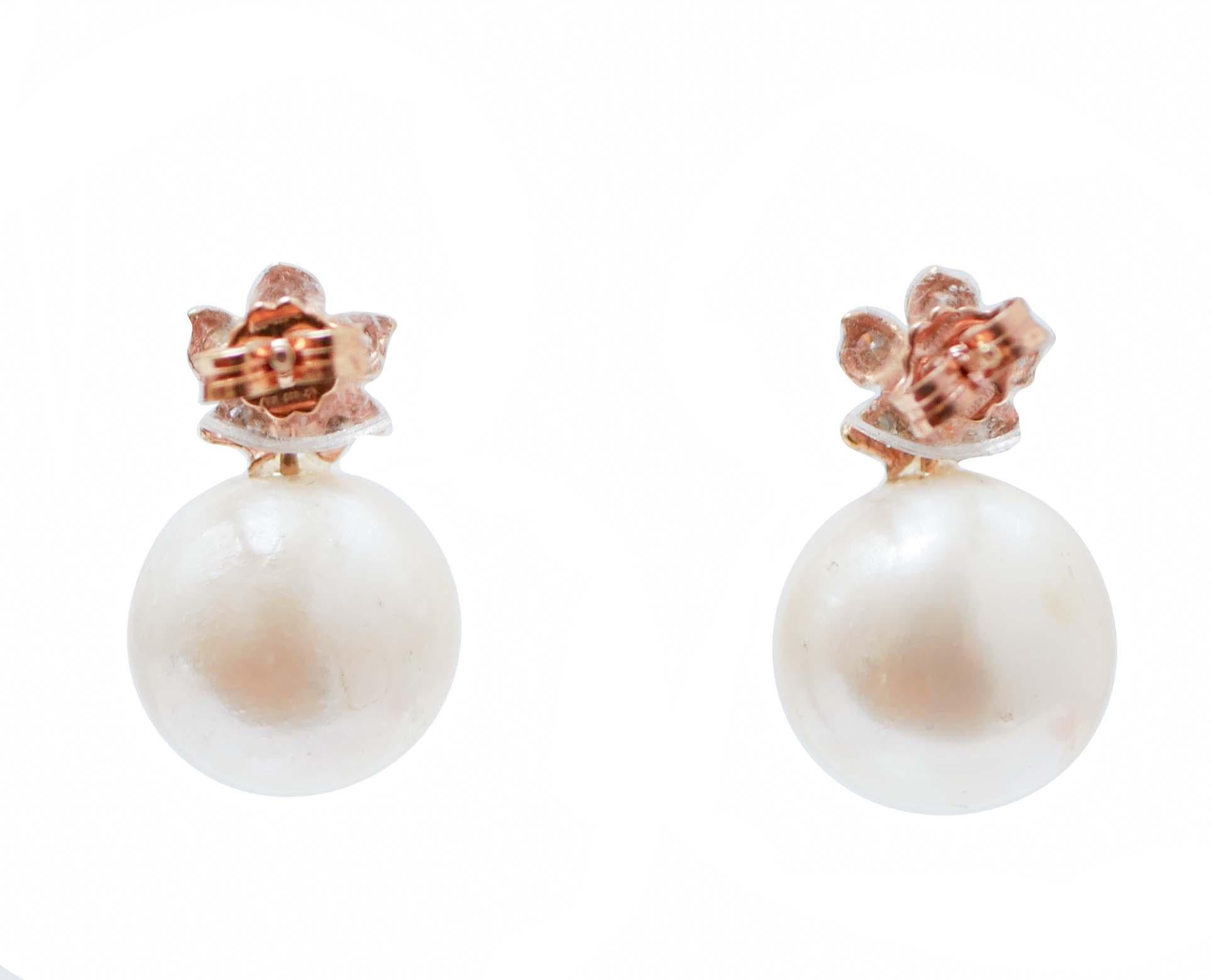 Retro White Pearls, Rubies, Diamonds, Rose Gold Earrings.