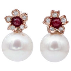 White Pearls, Rubies, Diamonds, Rose Gold Earrings