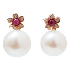 White Pearls, Rubies, Diamonds, Rose Gold Earrings. White Pearls, Rubies, Diamonds, Rose Gold Earrings.
