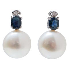 Antique White Pearls, Sapphires, Diamonds, 14 Karat White Gold Earrings.