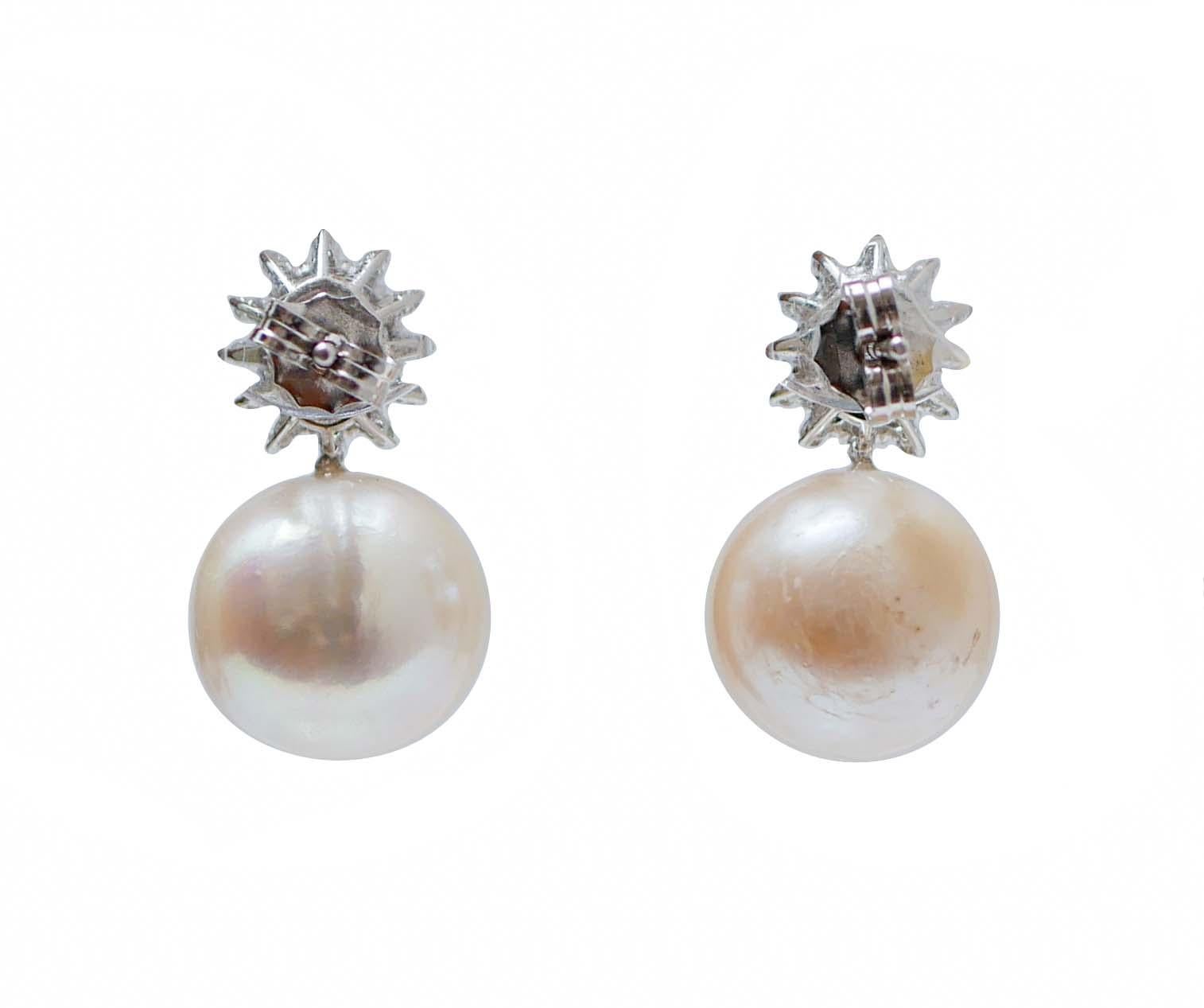 Modern White Pearls, Sapphires, Diamonds, 18 Karat White Gold Earrings. For Sale
