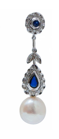 White Pearls, Sapphires, Diamonds, Platinum Dangle Earrings.