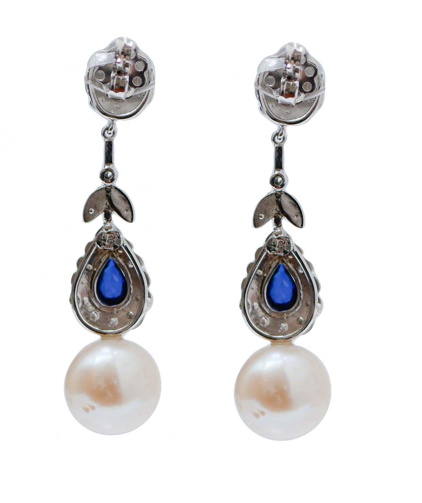 Retro White Pearls, Sapphires, Diamonds, Platinum Dangle Earrings. For Sale