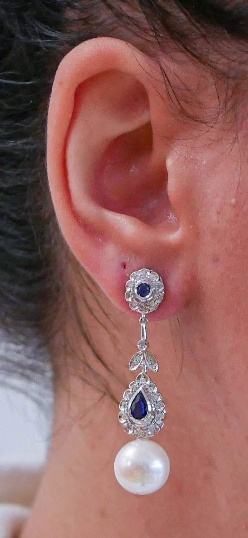 Ohrhänger aus Platin mit weißen Perlen, Saphiren, Diamanten und Platin. im Zustand „Gut“ im Angebot in Marcianise, Marcianise (CE)