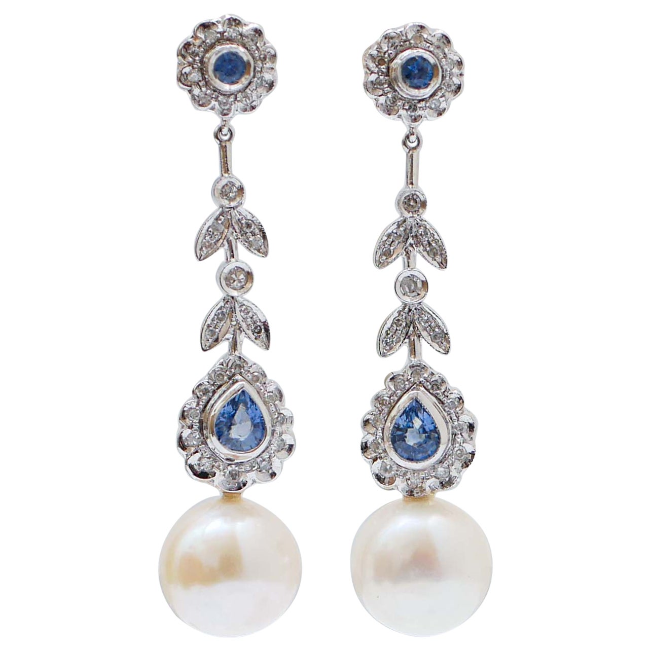 Perles blanches, saphirs, diamants, platine Boucles d'oreilles.