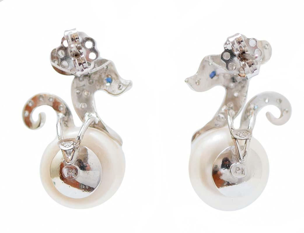 Retro White Pearls, Sapphires, Diamonds, Platinum Horse Earrings. For Sale