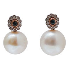 White Pearls, Sapphires, Diamonds, Rose Gold and Silver Earrings.