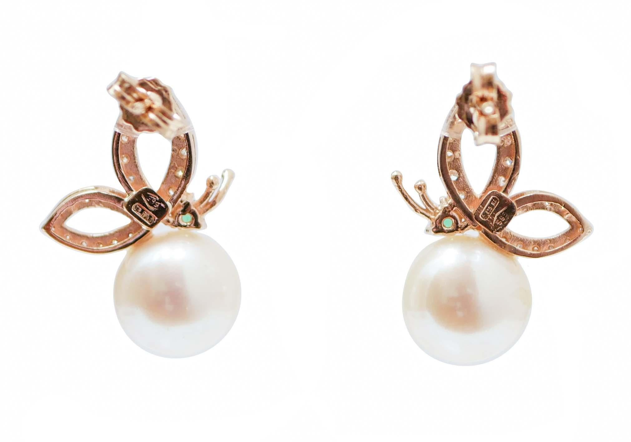 Retro White Pearls, Tsavorite, Diamonds, 14 Karat Rose Gold Earrings. For Sale
