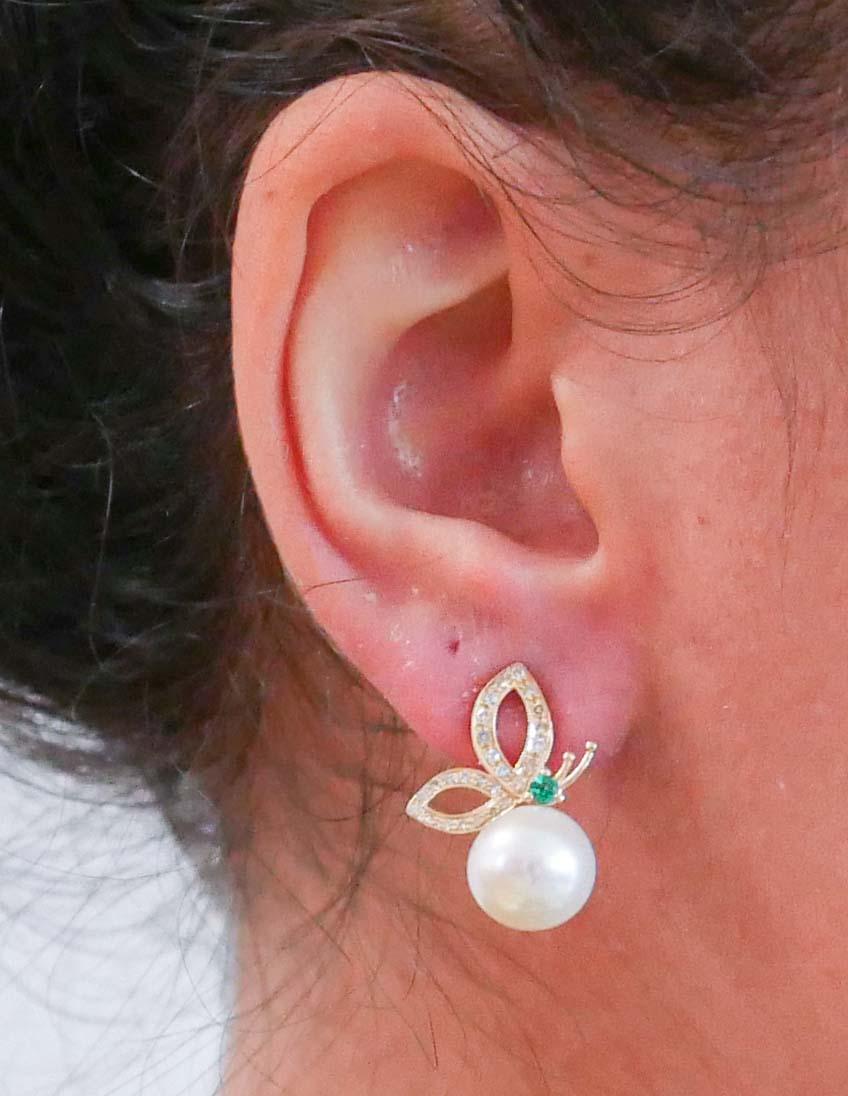 Ohrringe aus 14 Karat Roségold mit weißen Perlen, Tsavorit, Diamanten. im Zustand „Gut“ im Angebot in Marcianise, Marcianise (CE)