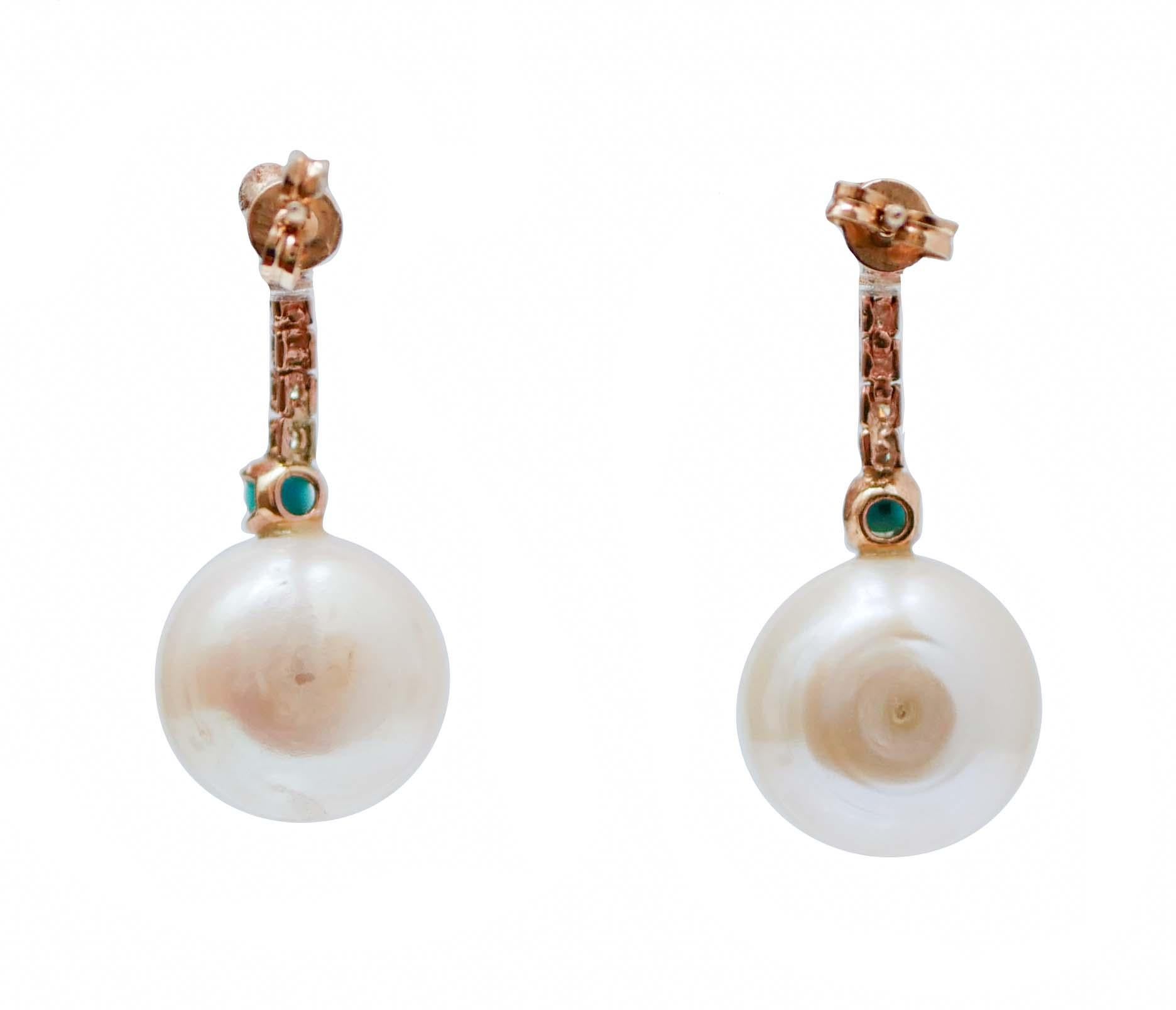 Retro White Pearls, Turquoise, Diamonds, 14 Karat Rose Gold Tennis Earrings.