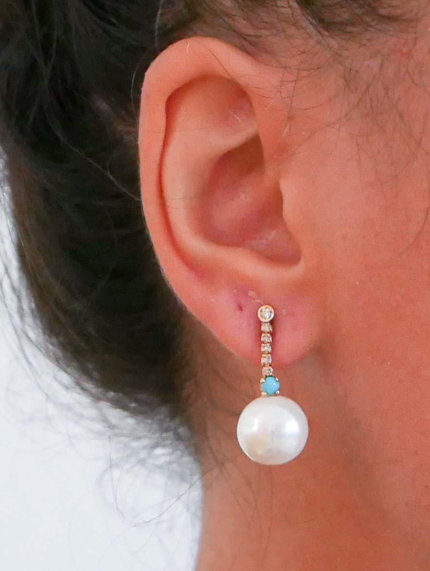White Pearls, Turquoise, Diamonds, 14 Karat Rose Gold Tennis Earrings. In New Condition In Marcianise, Marcianise (CE)