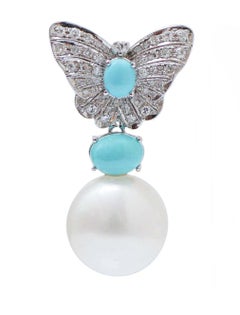 White Pearls, Turquoise, Diamonds, 14 Karat White Gold Butterfly Earrings.