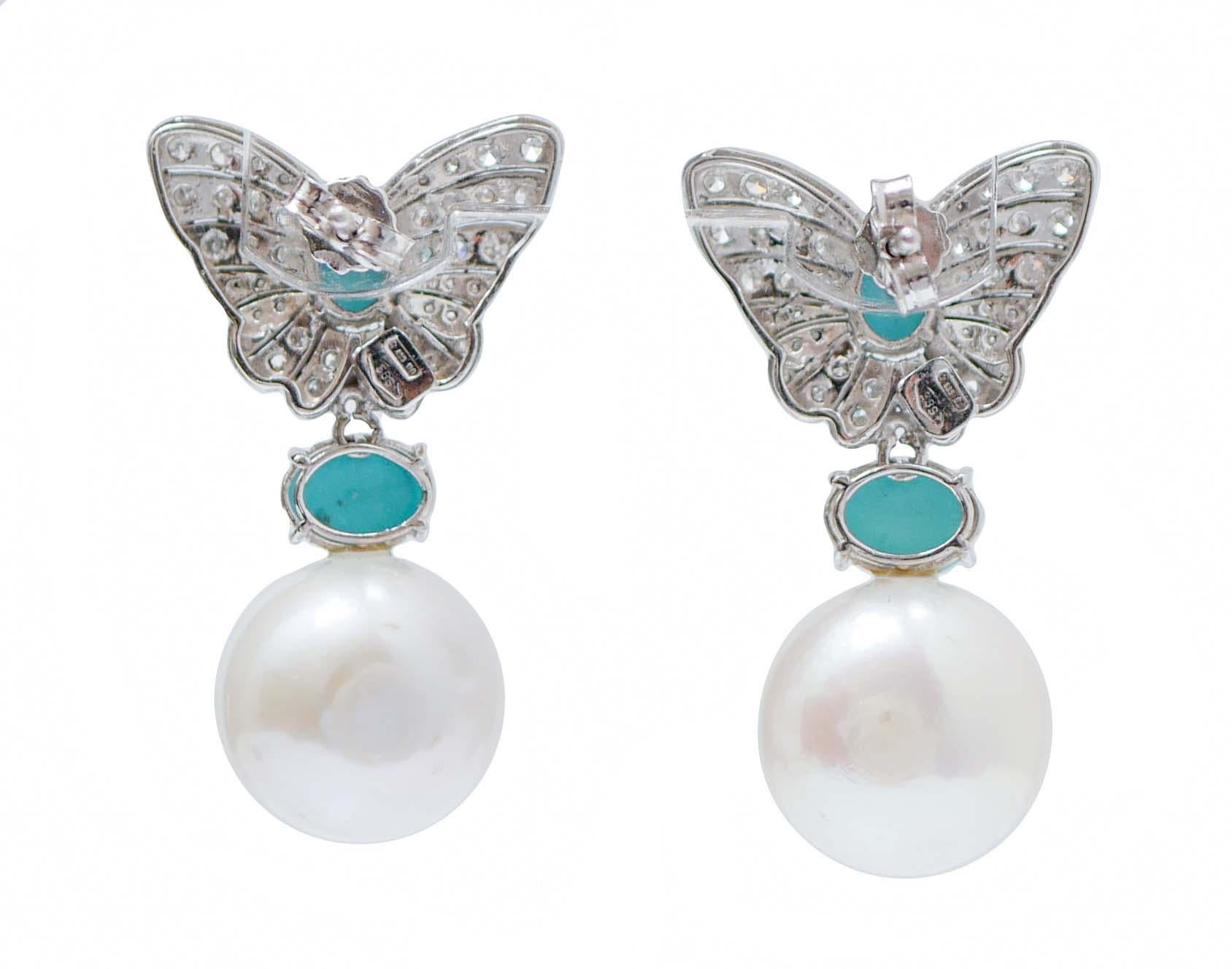Retro White Pearls, Turquoise, Diamonds, 14 Karat White Gold Butterfly Earrings.
