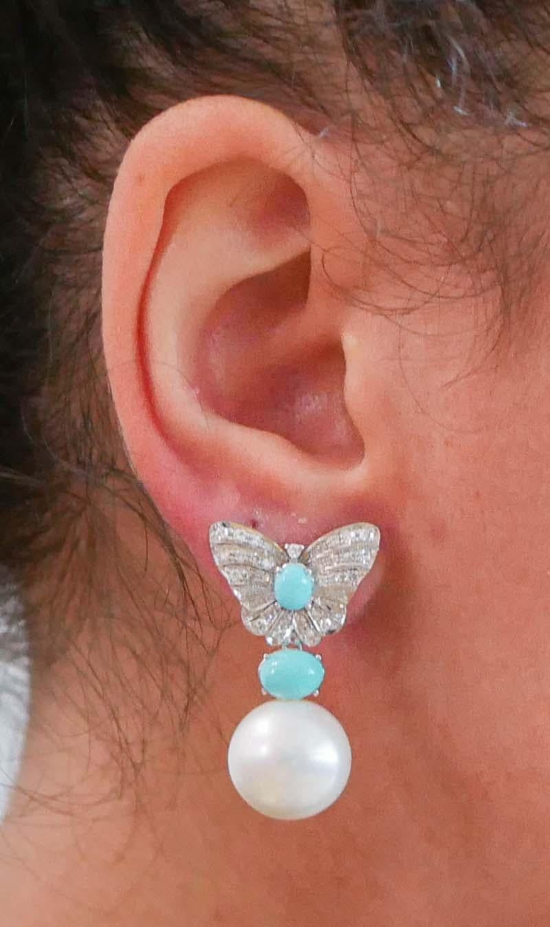 White Pearls, Turquoise, Diamonds, 14 Karat White Gold Butterfly Earrings. In Good Condition In Marcianise, Marcianise (CE)