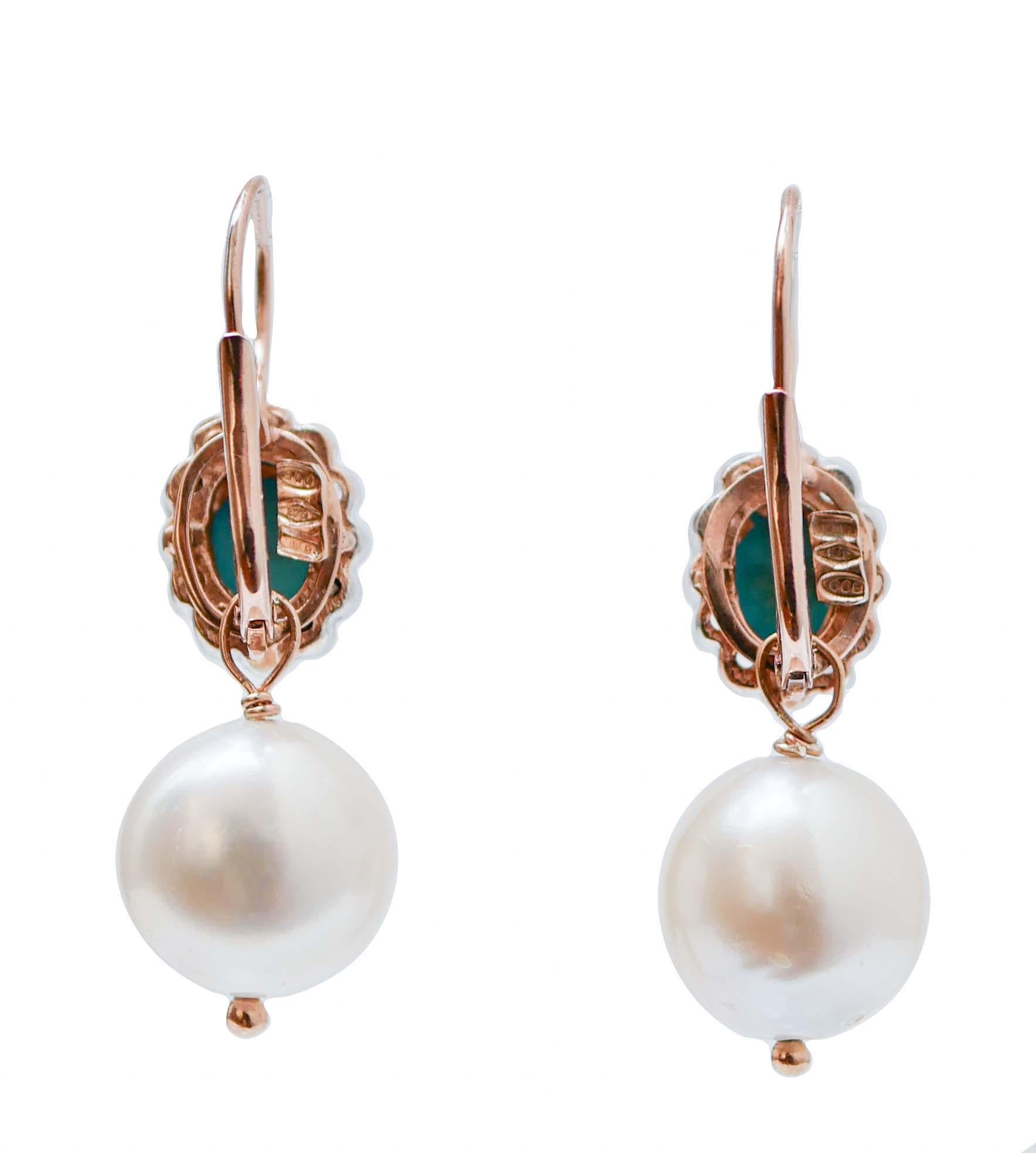 Retro White Pearls, Turquoise, Diamonds, Rose Gold and Silver Dangle Earrings. For Sale