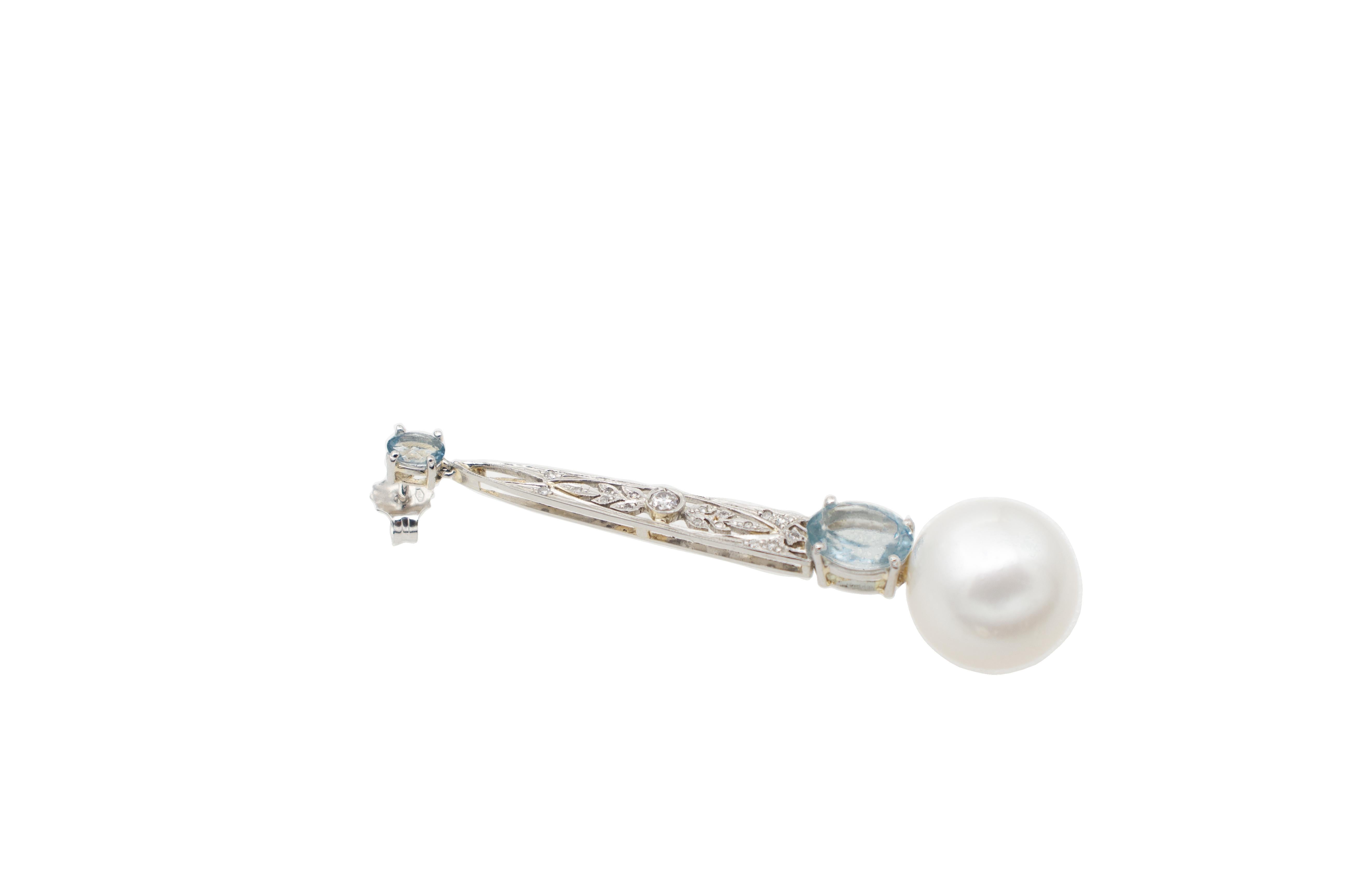 Retro White Pearls, Aquamarines, Diamonds, Platinum Dangle Earrings For Sale