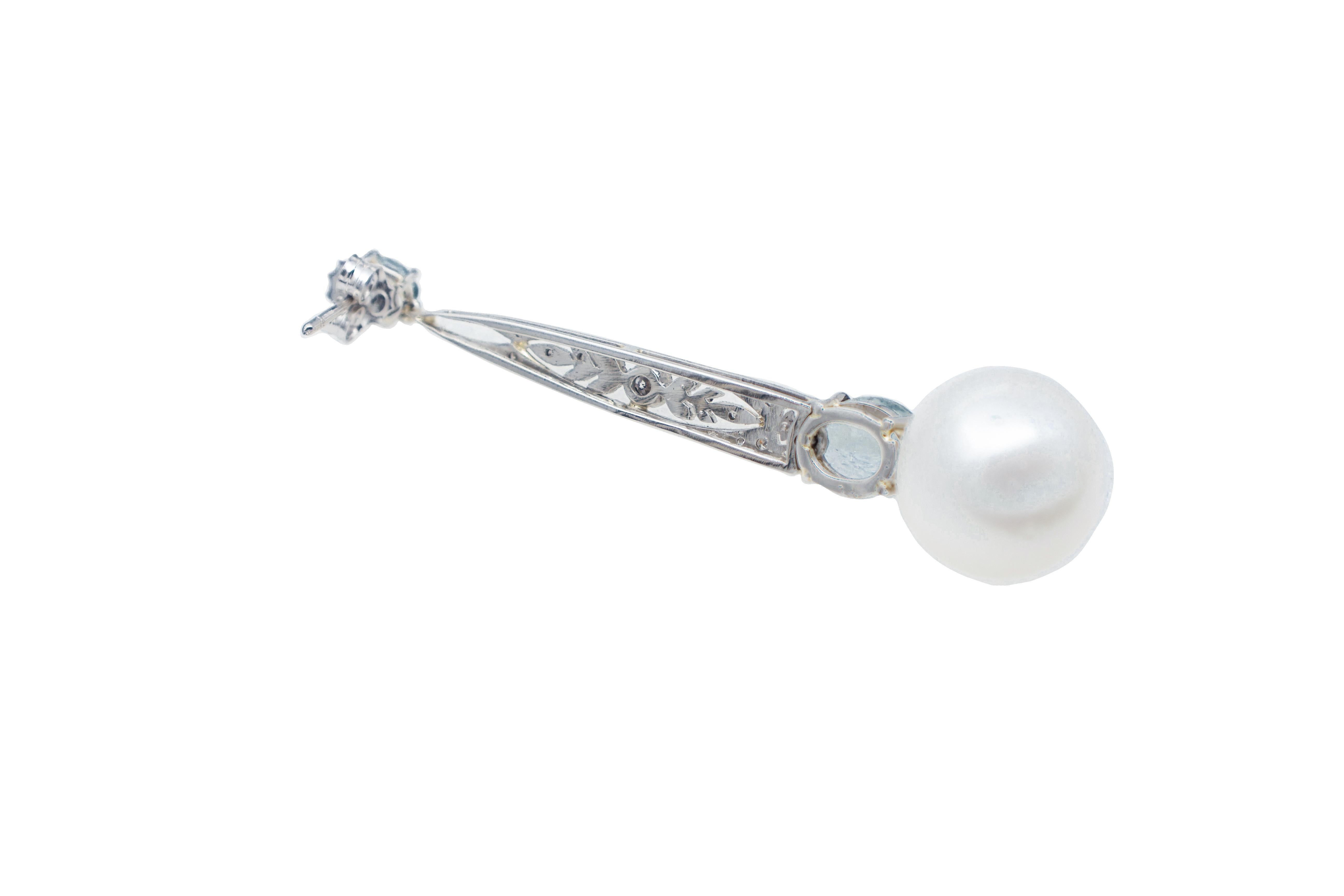 Round Cut White Pearls, Aquamarines, Diamonds, Platinum Dangle Earrings For Sale