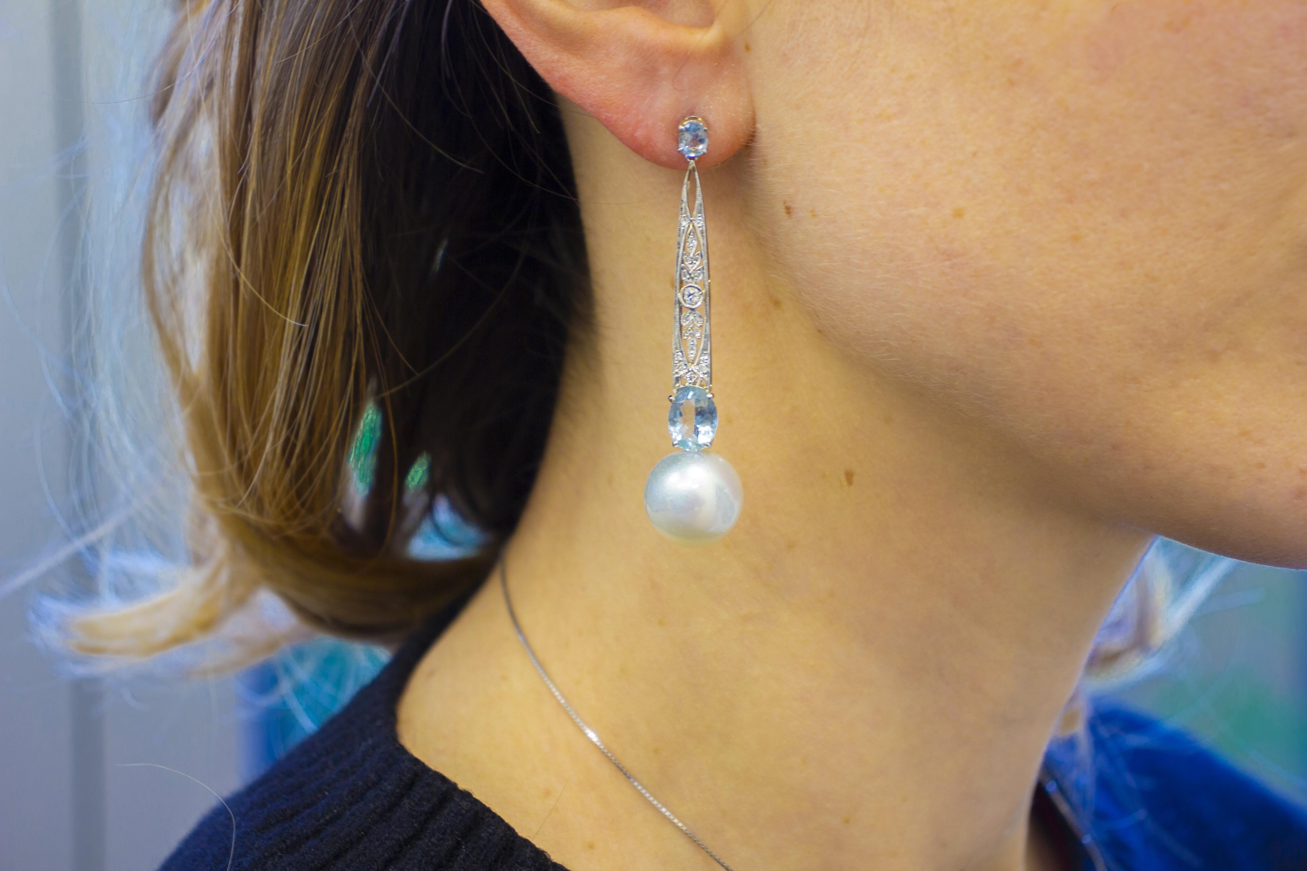 Women's White Pearls, Aquamarines, Diamonds, Platinum Dangle Earrings For Sale