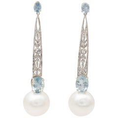 White Pearls, Aquamarines, Diamonds, Platinum Dangle Earrings