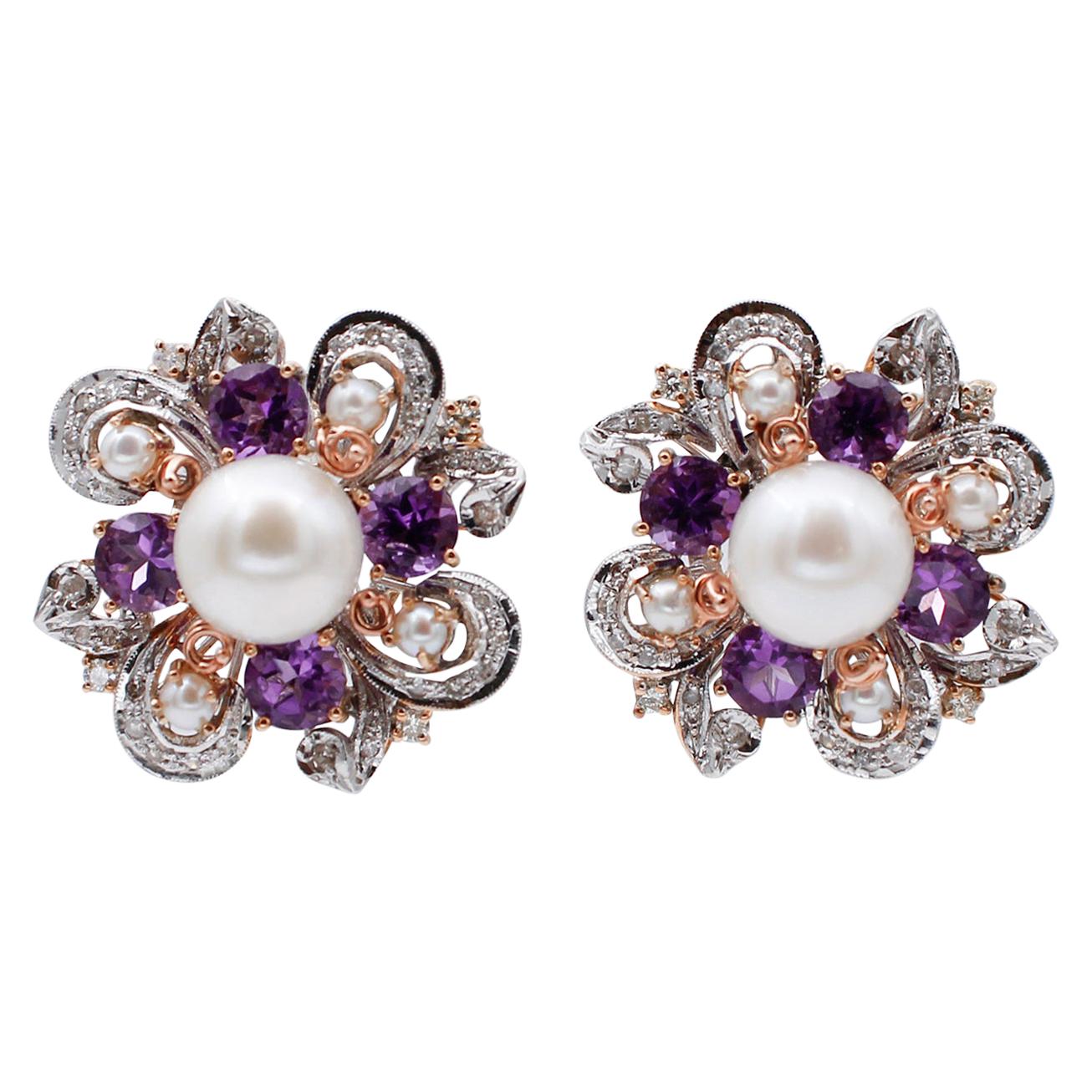 White Pearls, Diamonds, Amethysts, 14 Kt White and Rose Gold Earrings