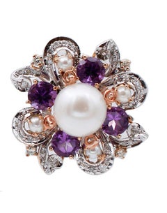 White Pearls, Diamonds, Amethysts, 14 Kt White and Rose Gold Earrings