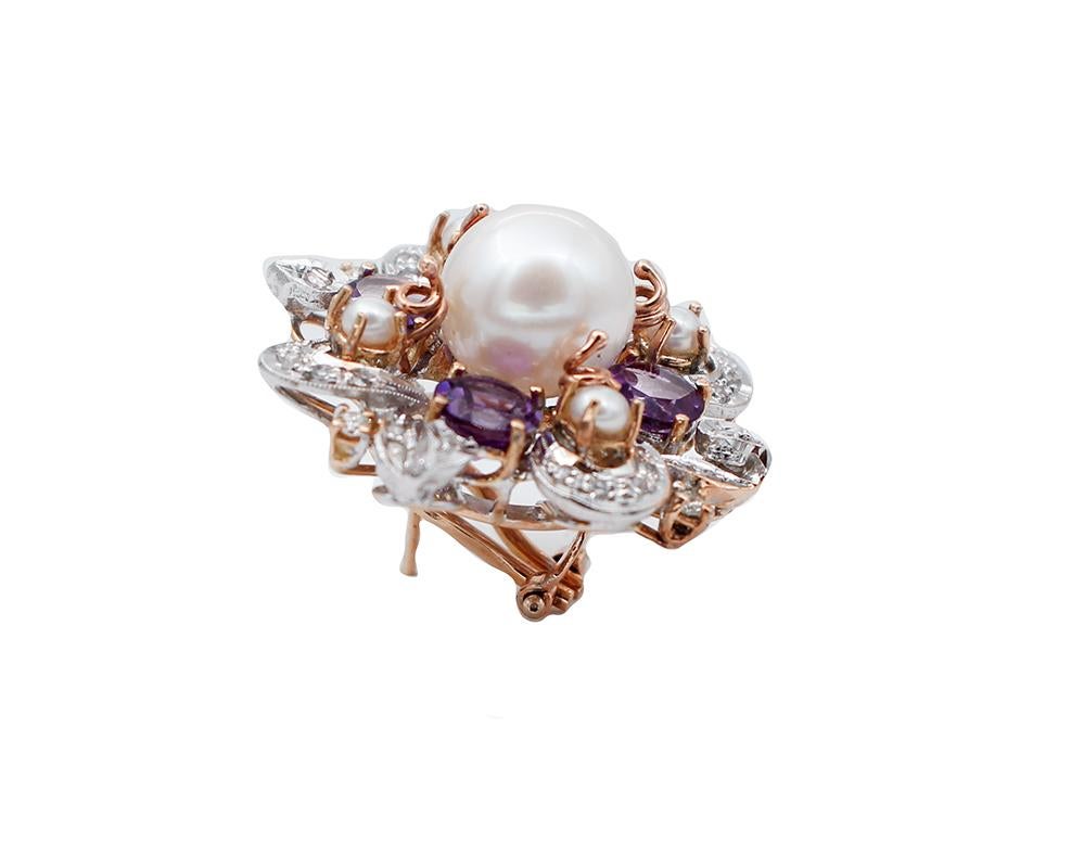 White Pearls, Diamonds, Amethysts, 14 Kt White and Rose Gold Earrings In Good Condition For Sale In Marcianise, Marcianise (CE)