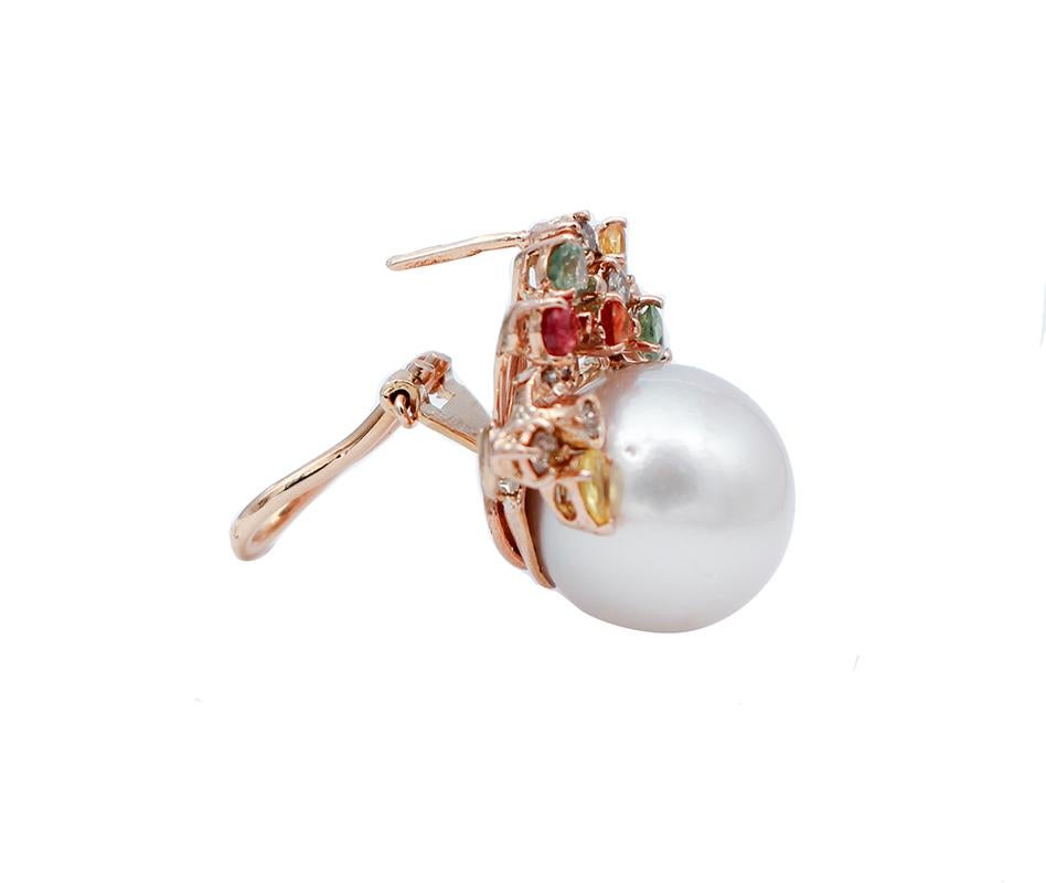 Retro White Pearls, Diamonds, Multicolor Sapphires, 14 Karat Rose Gold Stud Earrings