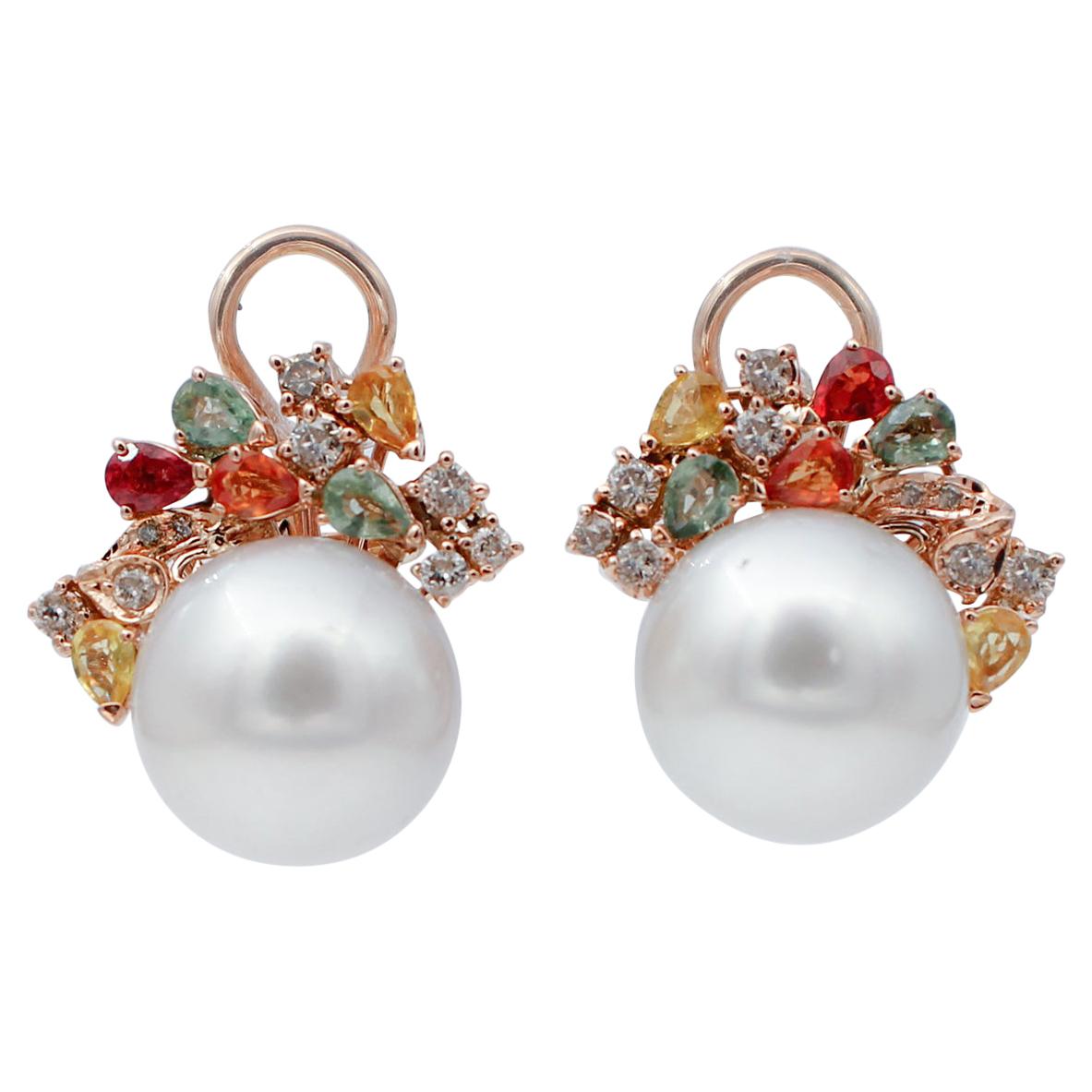 White Pearls, Diamonds, Multicolor Sapphires, 14 Karat Rose Gold Stud Earrings