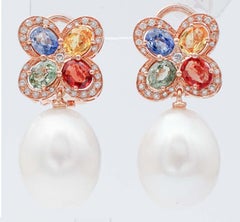 White Pearls, Multicolor Sapphires, Diamonds, 14 Karat Rose Gold Earrings