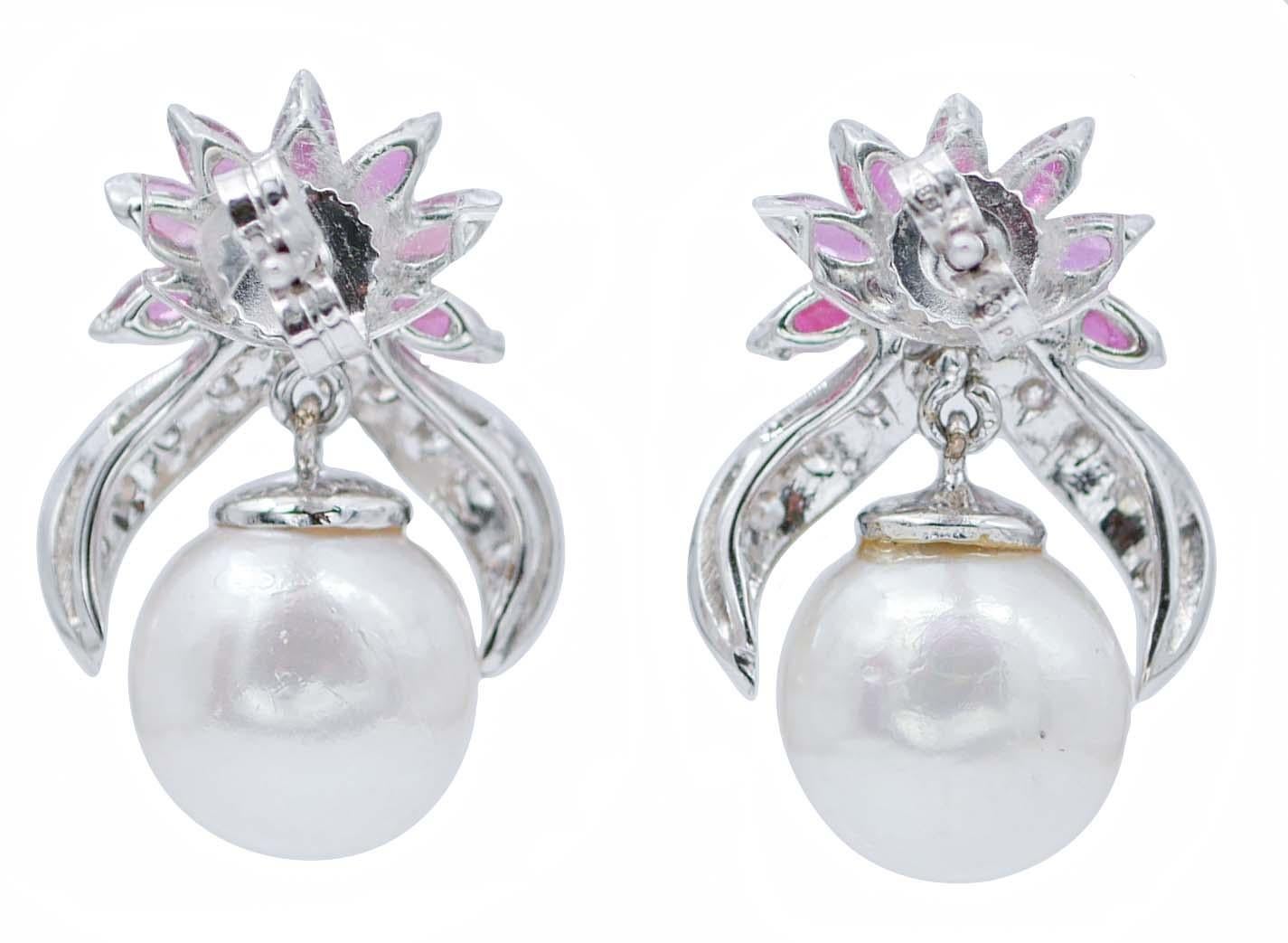 Retro White Pearls, Rubies, Diamonds, 14 Karat White Gold Earrings