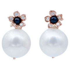 White Pearls, Sapphires, Diamonds, 14 Karat Rose Gold Stud Earrings