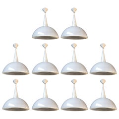 White Perforated Metal and Glass Chandeliers by Mathieu Matégot
