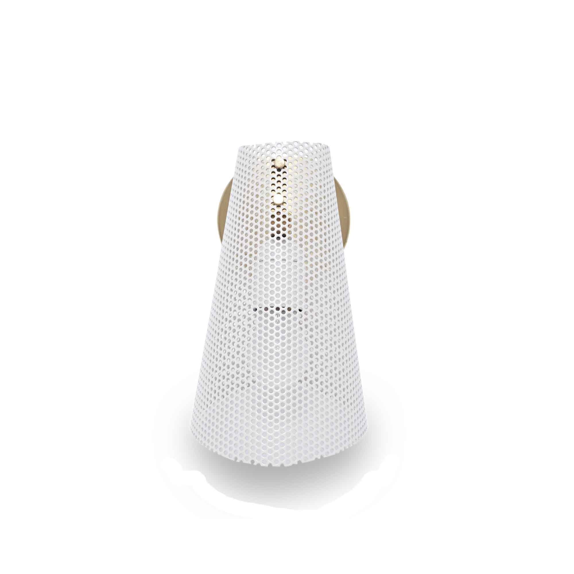 White perforated scoop sconce by Lawson-Fenning. The scoop perforated sconce features a perforated shade and brass hardware.

The Lawson-Fenning Collection is designed and handmade in Los Angeles, California. Reach out to discover what options are