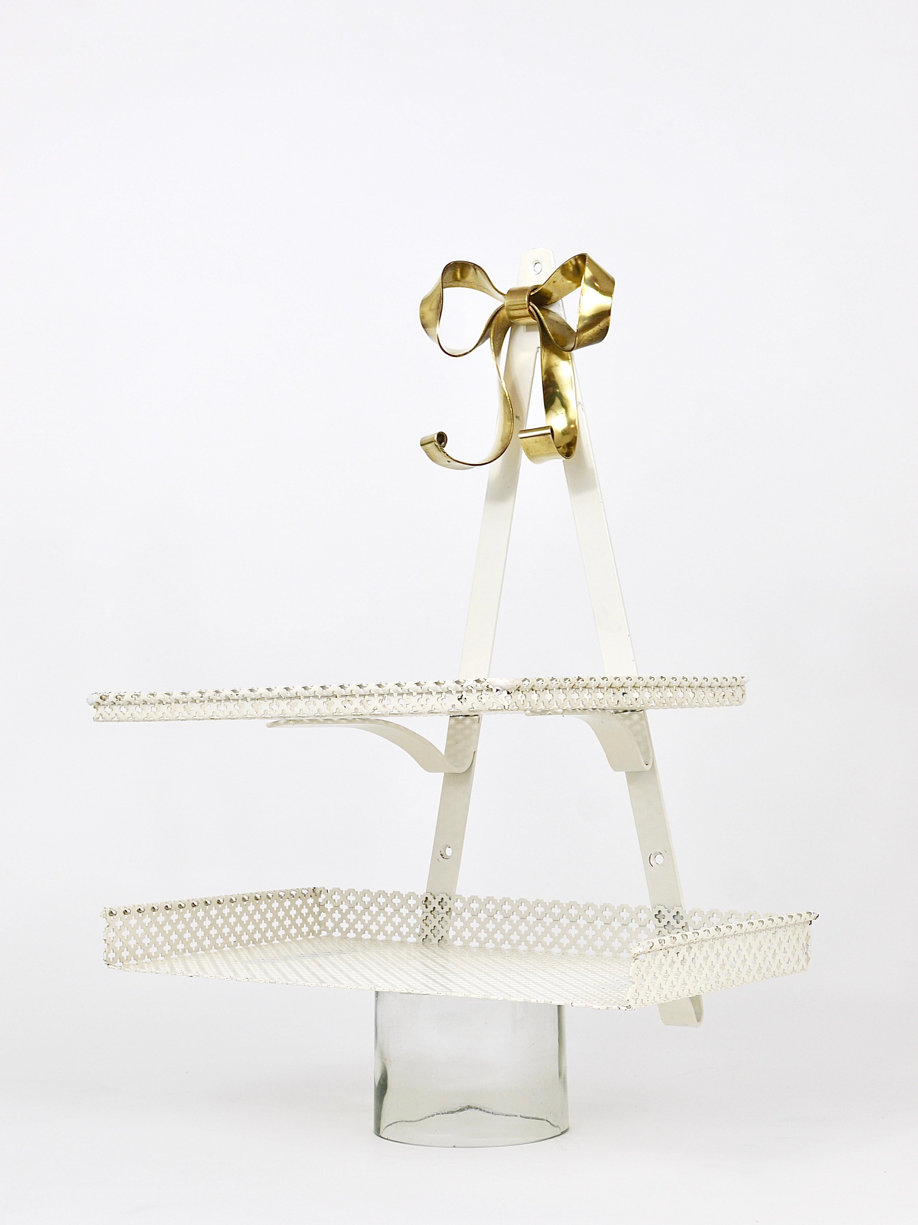 White Perforated Wall Rack Shelf with Brass Ribbon by Vereinigte Werkstätten 3