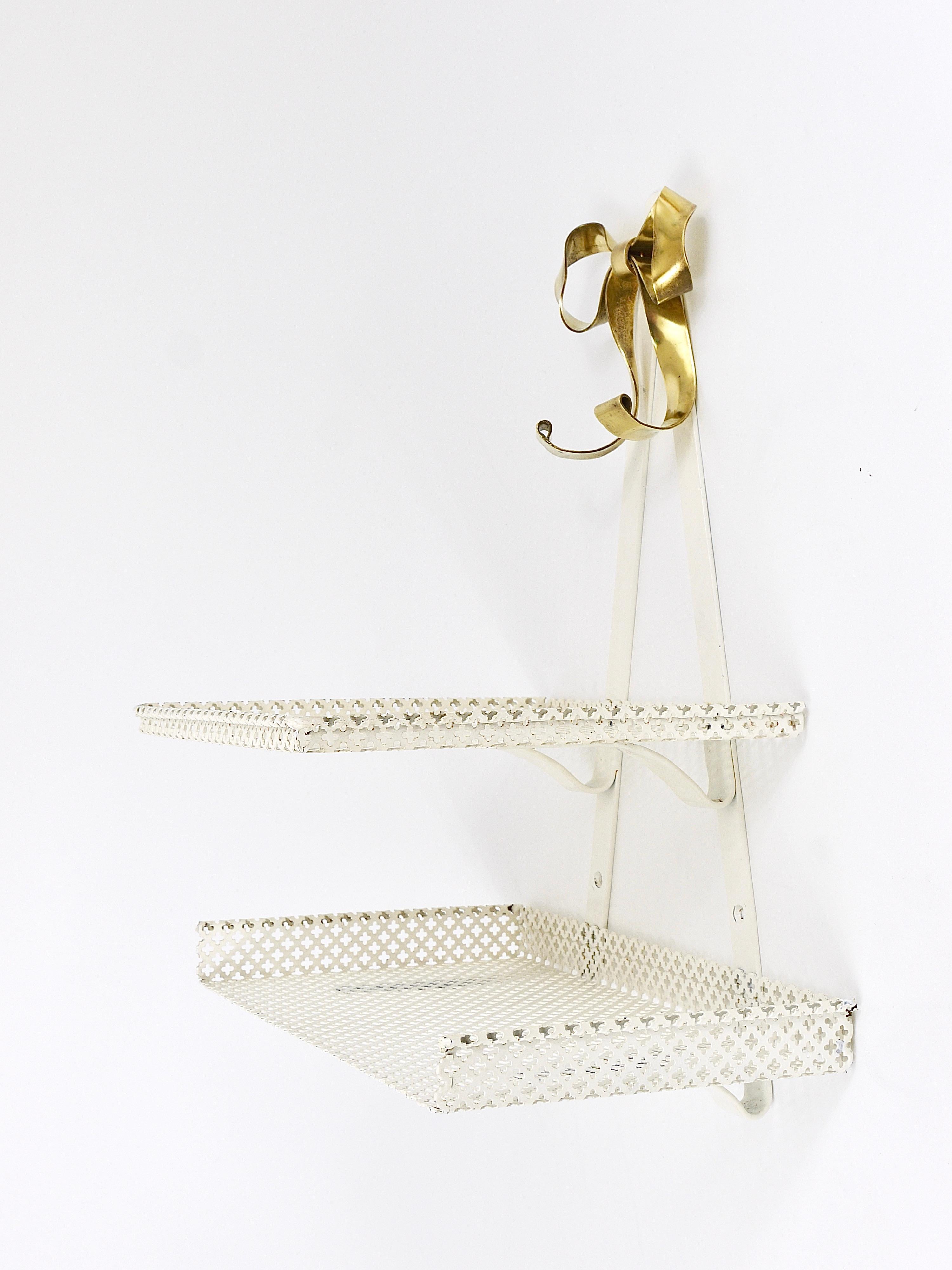 White Perforated Wall Rack Shelf with Brass Ribbon by Vereinigte Werkstätten 4