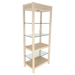 White Pickled Rush Cane Bamboo Wrapped 5 Shelves 76" Tall Etagere Display MINT!