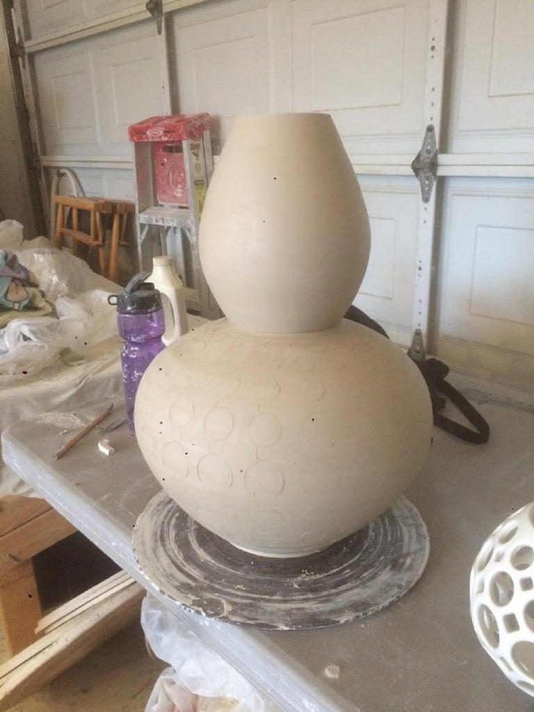American White Pierced Ceramic Double Gourd Vessel/Sculpture For Sale