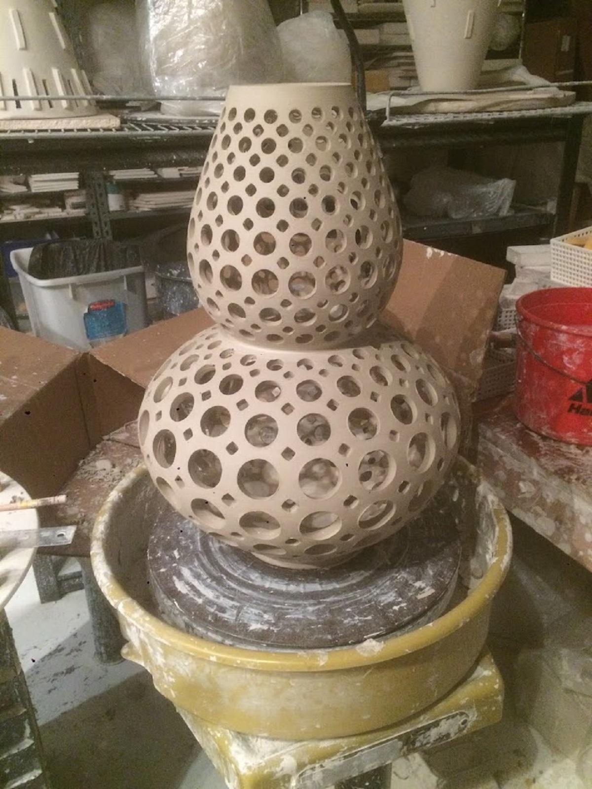 Fired White Pierced Ceramic Double Gourd Vessel/Sculpture