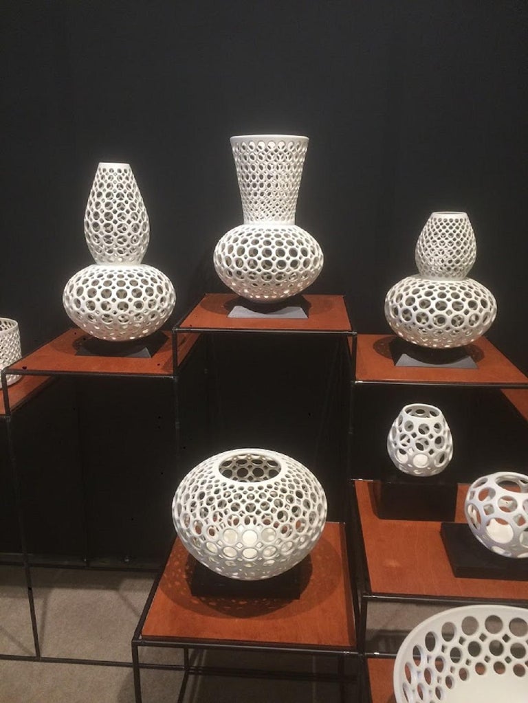 Mid-Century Modern White Pierced Ceramic Double Gourd Vessel/Sculpture For Sale