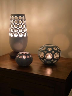 White Pierced Ceramic Table Lamp with Walnut Base